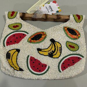 Beaded Bag Fruit Banana Watermelon Mango Kiwi Bamboo Handles  Made in India NWT